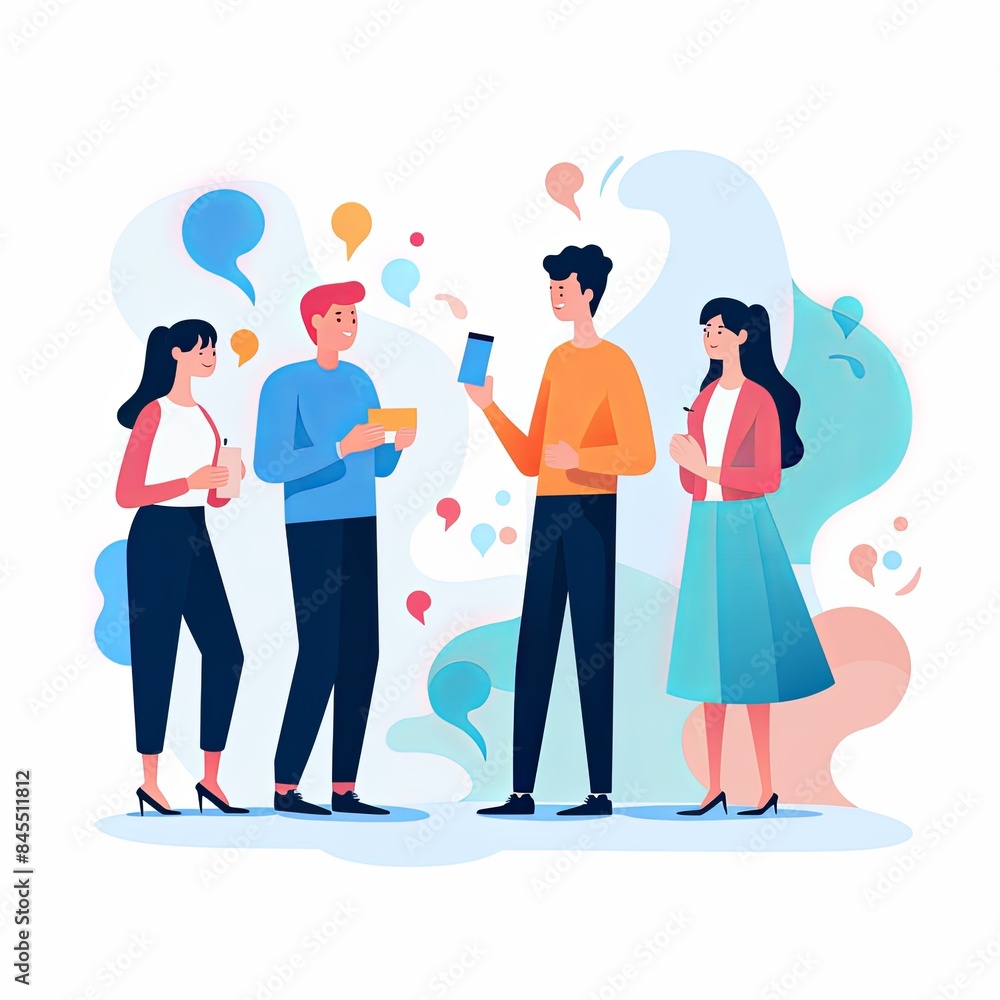 flat vector style illustration, a diverse group of people talking and collaborating flat vector style illustration, a diverse group of people talking and collaborating