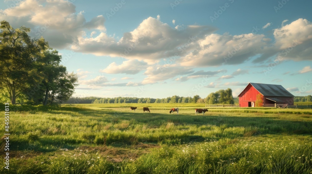 Idyllic countryside scene with red barn and cows grazing in lush green field under a blue sky with fluffy clouds, perfect for rural landscape themes. Idyllic countryside scene with red barn and cows grazing in lush green field under a blue sky with fluffy clouds, perfect for rural landscape themes.