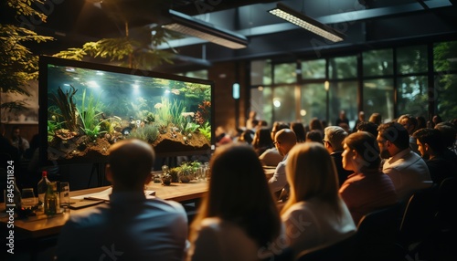 Group of people attentively watching a large aquarium in a modern, indoor setting, illuminated by soft lighting. © Mind