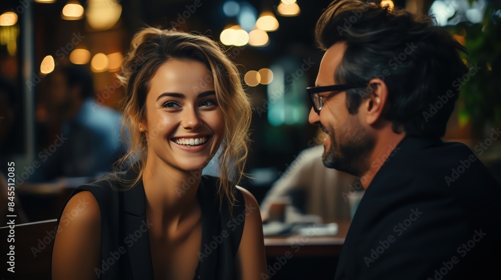 Smiling couple enjoying a conversation at a cozy evening diner, surrounded by warm ambient lighting. Smiling couple enjoying a conversation at a cozy evening diner, surrounded by warm ambient lighting.