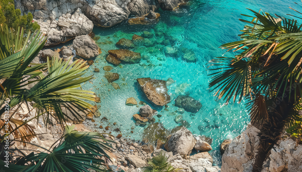 A beautiful beach with a clear blue ocean and a palm tree A beautiful beach with a clear blue ocean and a palm tree