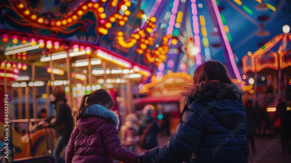 Mother and child holding hands at vibrant nighttime amusement park with colorful rides and bright lights. Mother and child holding hands at vibrant nighttime amusement park with colorful rides and bright lights.