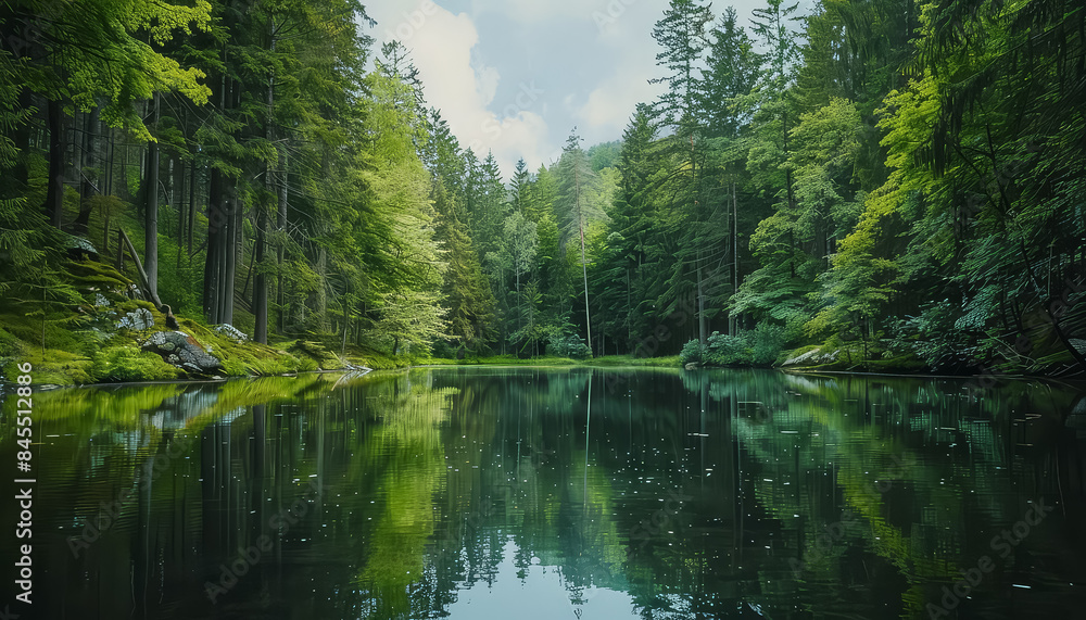 A serene and peaceful scene of a forest with a lake in the middle A serene and peaceful scene of a forest with a lake in the middle