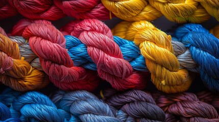 a closeup of colorful ropes and straps intricately knotting together, symbolizing unity in diversity and the strength found in mental health support networks.