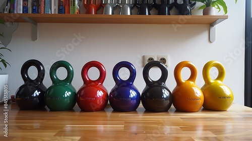 Kettlebells arranged by weight, focusing on the smooth handle and flat base design, suitable for both swings and strength exercises. photo