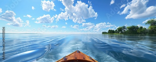 Boat ride on a crystal-clear lake, rippling water and blue skies, 4K hyperrealistic photo.