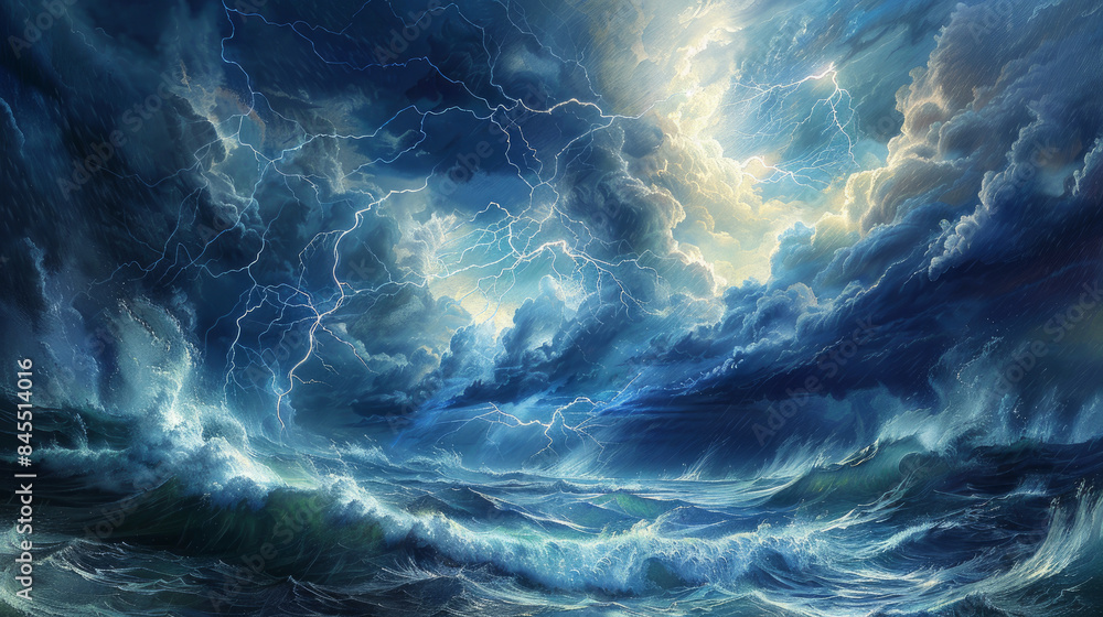 A tempestuous ocean rages, illuminated by bolts of lightning. A tempestuous ocean rages, illuminated by bolts of lightning.