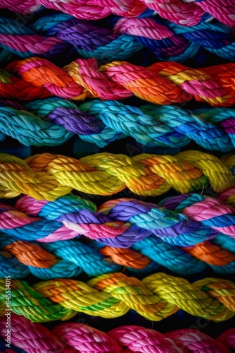 a closeup of colorful ropes and straps intricately knotting together, symbolizing unity in diversity and the strength found in mental health support networks.