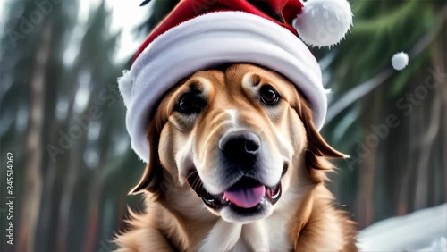 Adorable golden retriever wearing a Santa hat in a snowy forest, radiating holiday cheer and winter joy. photo