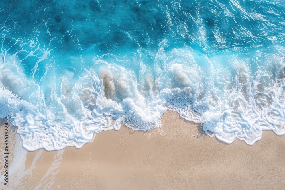 Naklejka premium Holidays Background. Aerial Top Down View of Beach and Sea with Ocean Waves