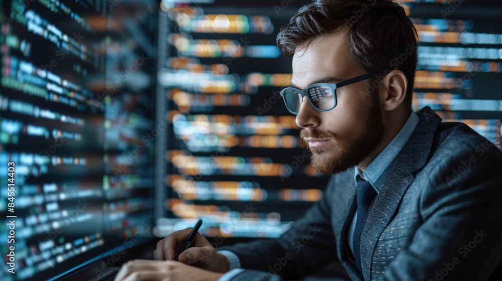 Programming coding and man with focus, hologram and trading with cyber ...