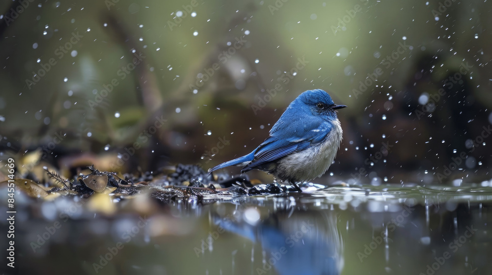 A tiny blue bird perches near the edge of a water body, its reflection clearly visible in the water. It seems to be drinking water or washing itself as a light drizzle falls around it. A tiny blue bird perches near the edge of a water body, its reflection clearly visible in the water. It seems to be drinking water or washing itself as a light drizzle falls around it.