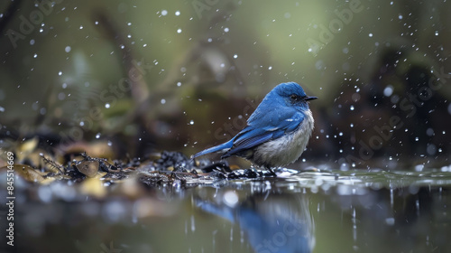 A tiny blue bird perches near the edge of a water body, its reflection clearly visible in the water. It seems to be drinking water or washing itself as a light drizzle falls around it. © Mehran