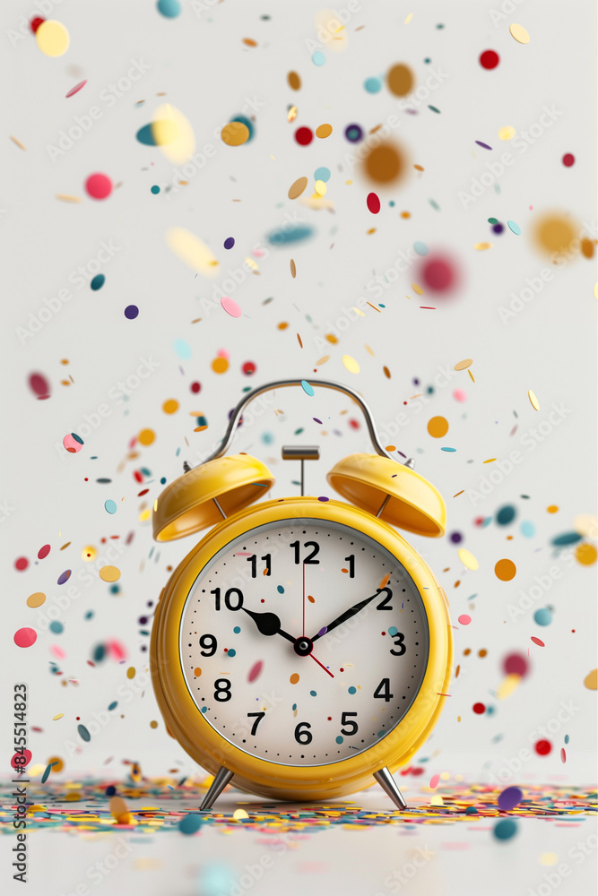 **3D render, Minimal Alarm clock with colorful floating confetti isolated on transparent background, Management time and planning concept, reminder and notification. Wake up and sleep time. --s 250 -- **3D render, Minimal Alarm clock with colorful floating confetti isolated on transparent background, Management time and planning concept, reminder and notification. Wake up and sleep time. --s 250 --