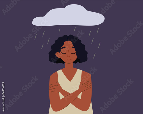 Sad African female with a rain cloud over her head. Woman feels anxiety and emotional stress. Depressed black girl with mental health issues.  Psychological problem concept. Vector illustration