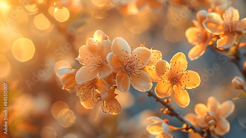   Blossoms in springtime sunlight on a solid background