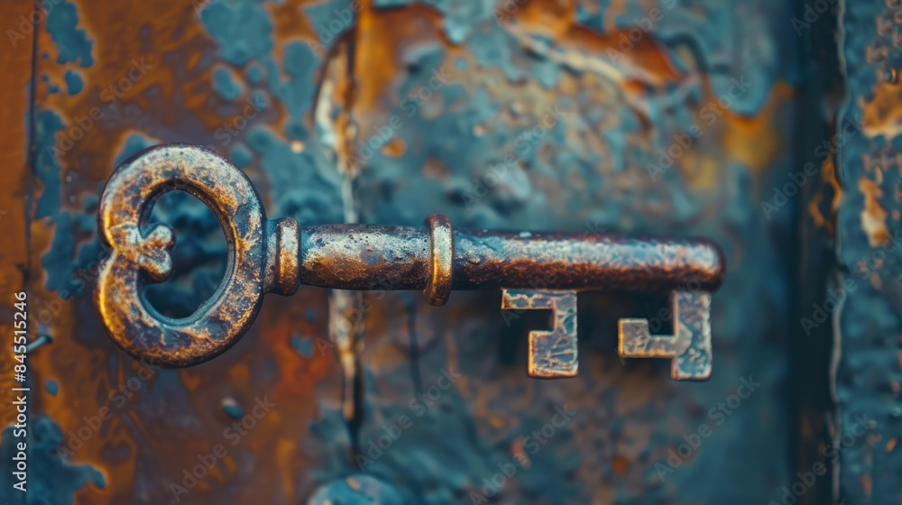 An old key in a keyhole, captured up close. It has a Gothic design. The key represents knowledge, learning, and security. It also symbolizes imprisonment and confinement. An old key in a keyhole, captured up close. It has a Gothic design. The key represents knowledge, learning, and security. It also symbolizes imprisonment and confinement.