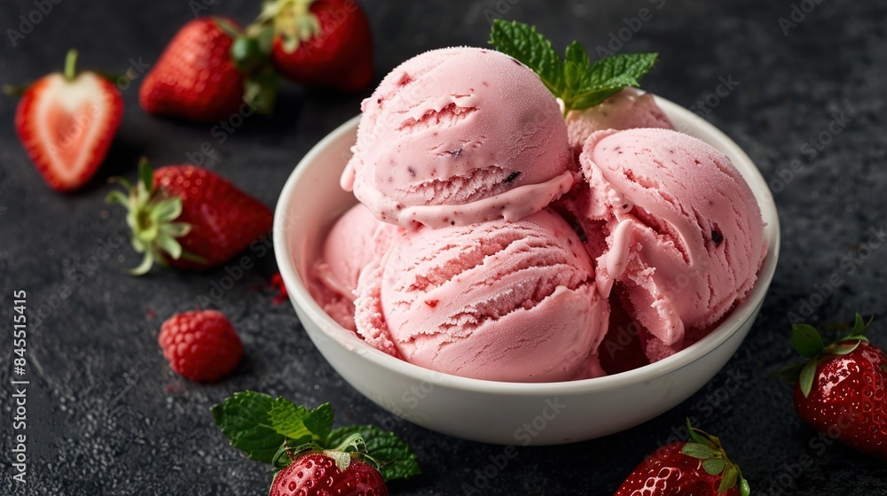 Vibrant Strawberry Ice Cream Deliciously Served in Chilled Bowl Vibrant Strawberry Ice Cream Deliciously Served in Chilled Bowl