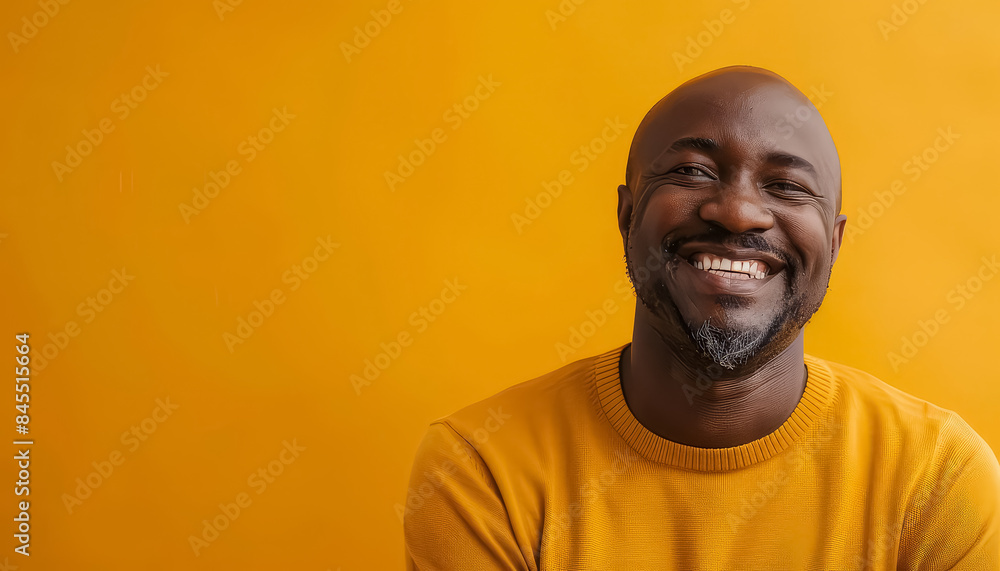 A man with a big smile on his face is wearing a yellow sweater