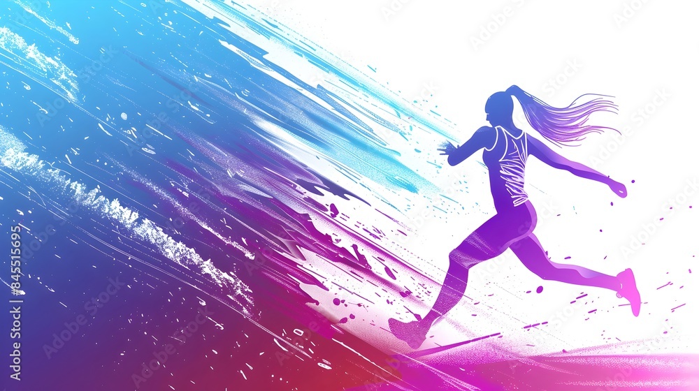 Energetic Female Athlete Running with Vibrant Splash Effect in Scenic Landscape