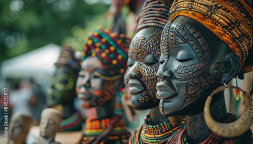 A group of African masks with colorful designs and beads