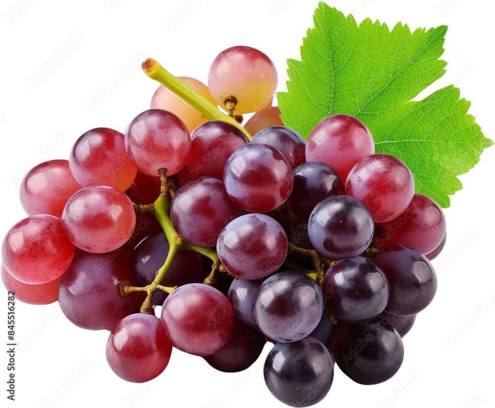 Close-up of a vibrant cluster of fresh red and black grapes with a green leaf, showcasing a healthy and delicious fruit. Close-up of a vibrant cluster of fresh red and black grapes with a green leaf, showcasing a healthy and delicious fruit.