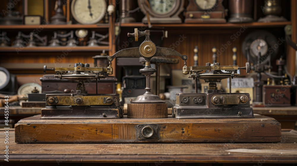 Antique scales from the 1800s sit on a wooden base. Antique scales from the 1800s sit on a wooden base.