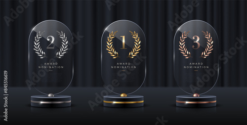 Set of glass award trophy with laurel wreath. Transparent prize template with golden laurel branches. Winner first place concept. Vector illustration.