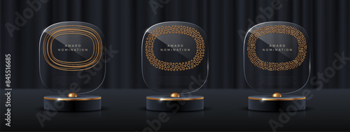 Set of glass award trophy with golden decorative frame. Transparent prize template with luxury gold. Winner first place concept. Vector illustration.