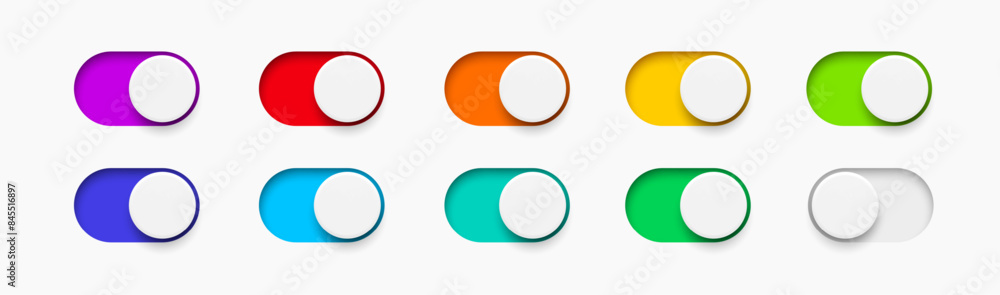 On and Off toggle switch buttons. Material design multicolored switch buttons set. Vector illustration. On and Off toggle switch buttons. Material design multicolored switch buttons set. Vector illustration.
