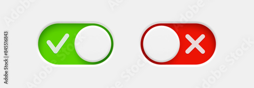 On and Off toggle switch buttons with check mark and cross signs. Material design switch  buttons set. Vector illustration.