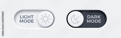 On and Off toggle switch buttons. Day and night mode switch button. Dark mode, light mode. Material design switch buttons set. Vector illustration.