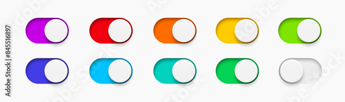 On and Off toggle switch buttons. Material design multicolored switch  buttons set. Vector illustration.