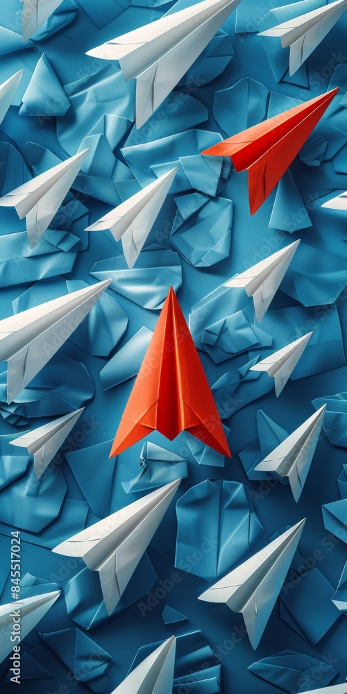 cinematic illustrated shows a red paper plane and a white paper plane flying over blue land and sky, illustrating the corporate company business concept for achieving success. cinematic illustrated shows a red paper plane and a white paper plane flying over blue land and sky, illustrating the corporate company business concept for achieving success.