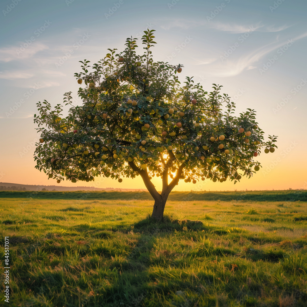 Apple tree with ripe red apples in a sunlit field Apple tree with ripe red apples in a sunlit field