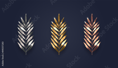 Set of metallic branches. Golden, siver and bronze branch on dark background. Vector illustration.