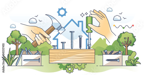 Handyman profession with carpenter work skills outline hands concept. Professional repairman for real estate construction, maintenance, fix or renovation vector illustration. Wooden nails or screws.