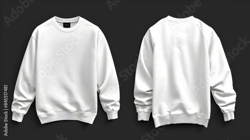 White color crew neck blank template front and back view isolated on black background. sweatshirt mock up 