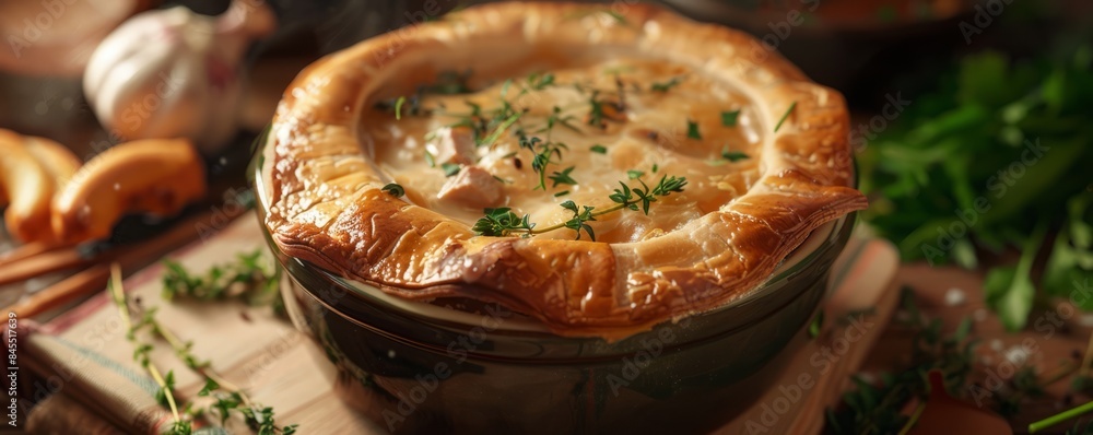 Warm and comforting chicken pot pie with flaky pastry crust, 4K hyperrealistic photo Warm and comforting chicken pot pie with flaky pastry crust, 4K hyperrealistic photo