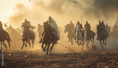A group of knights are riding horses and fighting in a battle