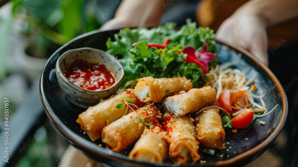 Person savoring a plate of crispy Thai spring rolls (por pia tod) with sweet chili dipping sauce Person savoring a plate of crispy Thai spring rolls (por pia tod) with sweet chili dipping sauce