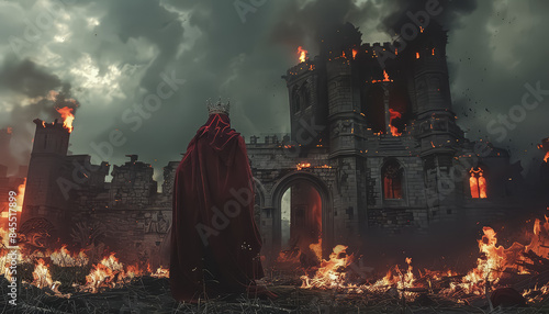 A man in a red cape stands in front of a burning castle