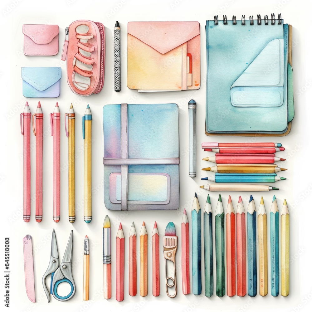 Naklejka premium A watercolor illustration of a stationery set arranged in a pleasing layout on a white background. This set includes items such as notebooks, pencils, erasers, and a pair of scissors all painted in