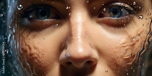 Revitalizing Closeup Woman's Face Splashed with Water Droplets. Concept Portrait Photography, Water Splashes, Close-up Shots, Beauty Shots, Refreshing Images photo