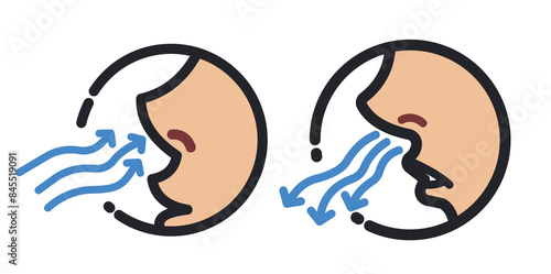 Breathe in and out colored icon illustration set collection outline isolated on horizontal white background. Simple flat sign drawing with cartoon art style.