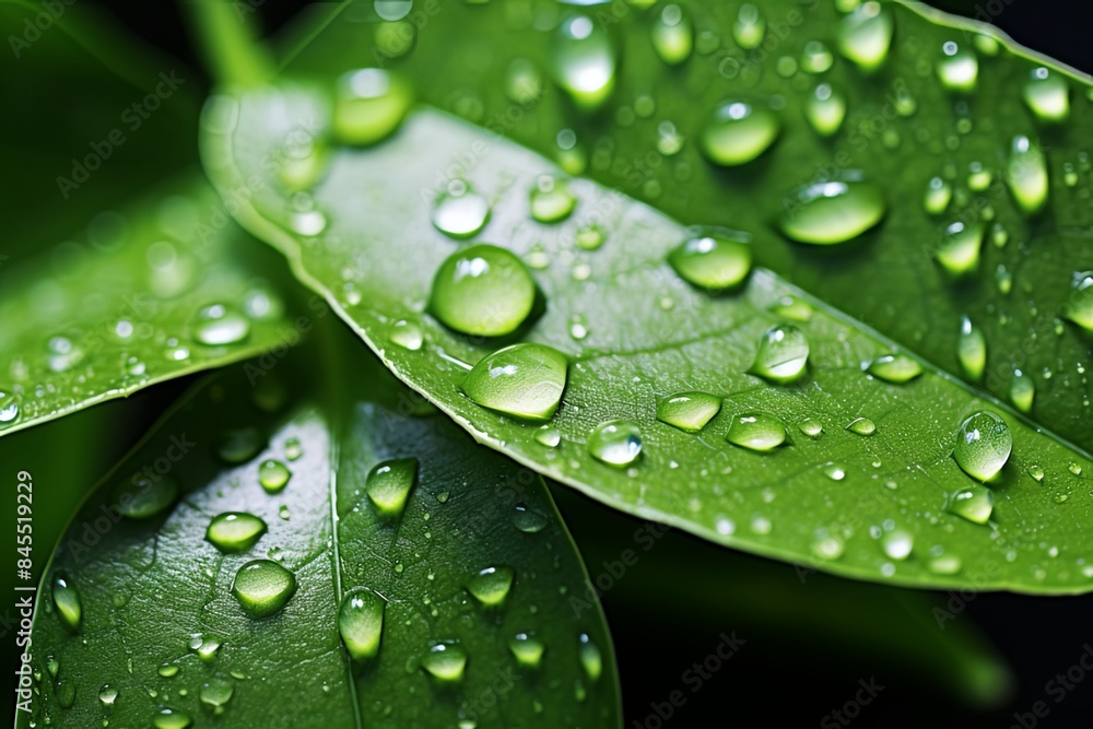 Vivid Closeup of Water Droplets on a Green Leaf - A Symbol of Purity and Nature’s Delicate Balance Vivid Closeup of Water Droplets on a Green Leaf - A Symbol of Purity and Nature’s Delicate Balance