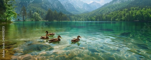 Crystal-clear mountain lake with a family of ducks swimming peacefully, 4K hyperrealistic photo