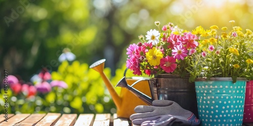 Vibrant spring garden with colorful flowers in polka dot pots, a watering can, and gardening gloves on a wooden table, radiating freshness and growth
