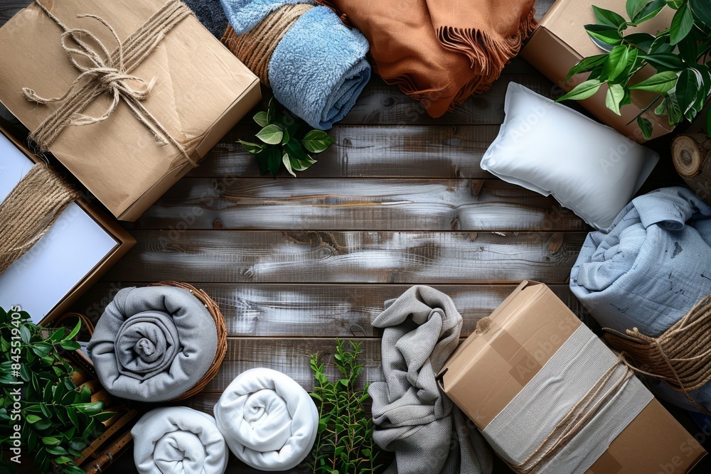 Obraz premium A flat lay of gifts, towels, and greenery on a rustic wooden background. Perfect for a cozy and inviting home decor image.
