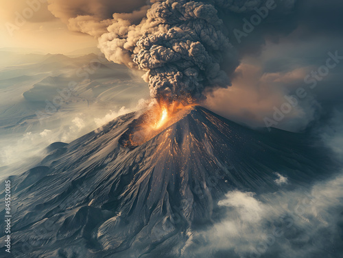 a volcanic eruption with a plume of smoke and ash rising into the sky.